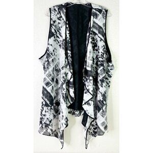Sleeveless Waterfall Open Cardigan XL Black White Abstract Polyester Lined EUC